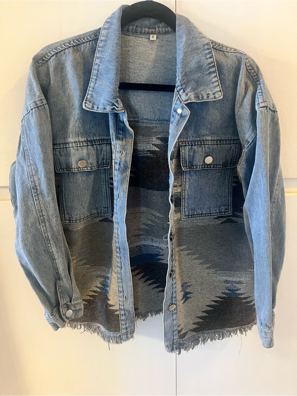 Light Wash Denim Jacket with Aztec Knit Panel